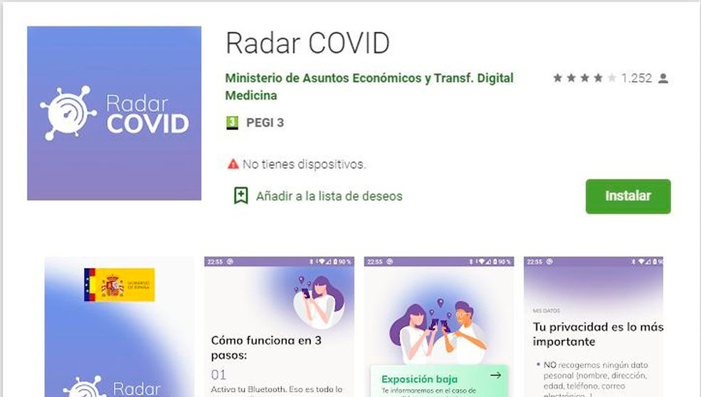 Página de Play Store de Radar Covid