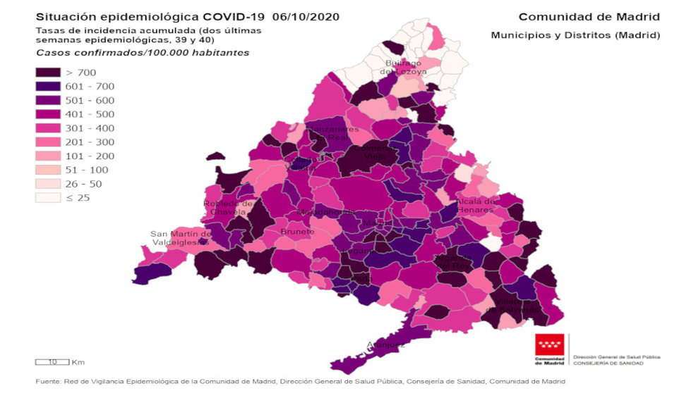 Mapa sobre la situación epidemiológica del covid-19 en la Comunidad de Madrid / Foto: Comunidad de Madrid